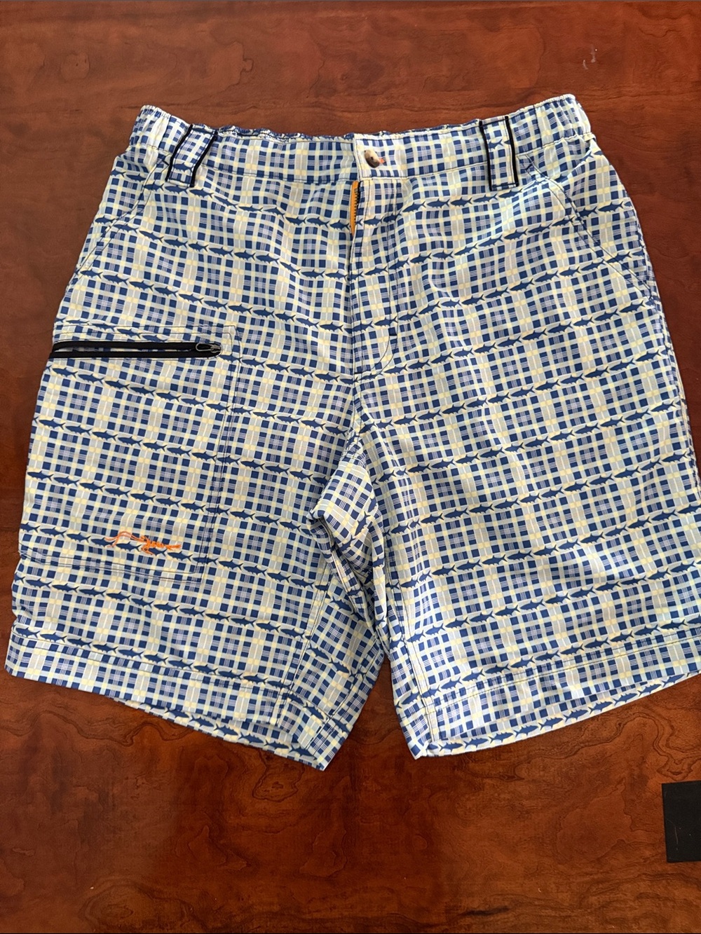 True Flies Medium fish Blue and White Geometric Print hybrid shorts